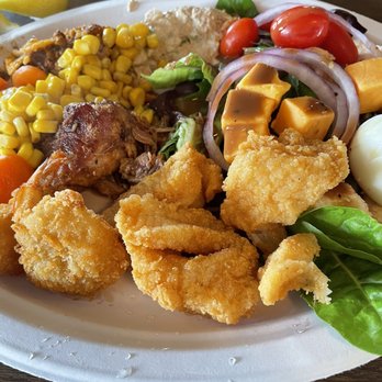 Sunken Gardens - Fried Fish, butterfly shrimp taco casserole tuna salad tossed salad and steamed vegetables - American Near Me - Shiner, Texas