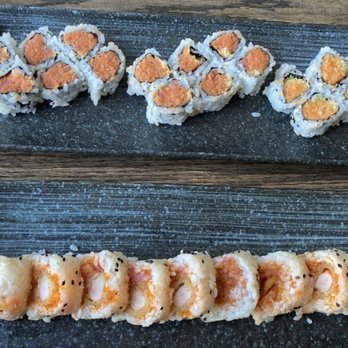Osaka Asian Bistro - Sunny Roll (tempura shrimp, spicy tuna, light rice, no avocado) and two spicy tuna rolls/one spicy salmon roll (both w/light rice). - Japanese Near Me - Charleston, South Carolina