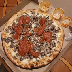 Bako's Pizza - cheesy garlic pie with sausage, mushroom, side sauce provided and added
