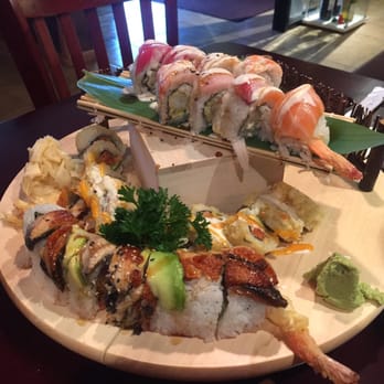 Hon Sushi - Absolutely beautiful presentation! Top is Rainbow Deluxe (my FAVE), center down is Hungry Man, and outer edge down is Hidden Dragon - Sushi Bars Near Me - Carrollton, Texas Hon Sushi - Absolutely beautiful presentation! Top is Rainbow Deluxe (my FAVE), center down is Hungry Man, and outer edge down is Hidden Dragon - Sushi Bars Near Me - Carrollton, Texas