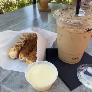 Canvas Coffee - Churro Waffle Sticks w/ dipping sauce & iced latte - Coffee & Tea Near Me - Corona, California