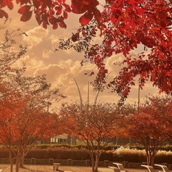 Pentagon Memorial - View of Air Force monument from 9/11 Memorial, through sunglasses lens.