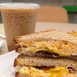 Parker & Otis - BEC on sourdough + pimento cheese, iced pumpkin vanilla oat latte - lifewithhanny