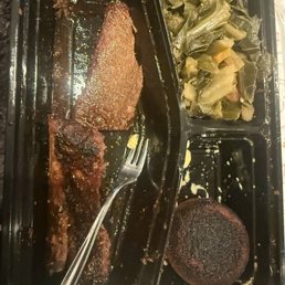 Ribs, greens, brisket, burnt cornbread muffin Ribs, greens, brisket, burnt cornbread muffin