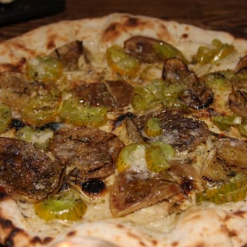 Gjelina - Pizza with Grilled Eggplant, Green Zebra Tomato, Garlic, Olive Oil & Parmesan - New American Near Me - Venice, California Gjelina - Pizza with Grilled Eggplant, Green Zebra Tomato, Garlic, Olive Oil & Parmesan - New American Near Me - Venice, California