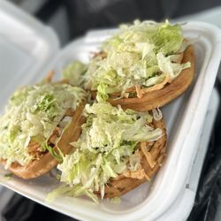 Taqueria Yanez - Sopes. Corn and flour base deep fried and topped with refried beans,toppings and choice of meats.