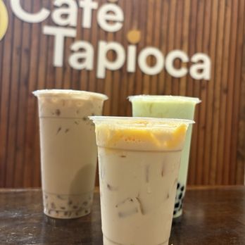 Cafe Tapioca - Almond smoothie with pudding up front, with Jasmine Green Milk Tea on the left and Honeydew Melon Smoothie on the right. - Taiwanese Near Me - Dublin, California Cafe Tapioca - Almond smoothie with pudding up front, with Jasmine Green Milk Tea on the left and Honeydew Melon Smoothie on the right. - Taiwanese Near Me - Dublin, California