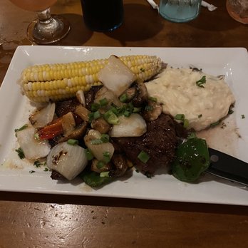 Red Fox Bar & Grille - Steak tips with onions, peppers and mushrooms with corn on the Cobb and mashed potatoes. - American Near Me - Jackson, New Hampshire Red Fox Bar & Grille - Steak tips with onions, peppers and mushrooms with corn on the Cobb and mashed potatoes. - American Near Me - Jackson, New Hampshire