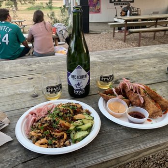 Hye Cider - Great vibe here! Great cider and on-site food truck Asian fusion food ("Brick & Mortar"). Plus live music on stage in background... - Cideries Near Me - Johnson City, Texas