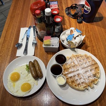 Early Birds Cafe - :My 2nd visit - Plain waffles just the way i like em with sunnyside up eggs and sausage links - Breakfast & Brunch Near Me - Fresno, California Early Birds Cafe - :My 2nd visit - Plain waffles just the way i like em with sunnyside up eggs and sausage links - Breakfast & Brunch Near Me - Fresno, California