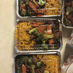 Grand China Restaurant - Shrimp and broccoli combo plate (top container) Beef and broccoli (bottom two) combo plates