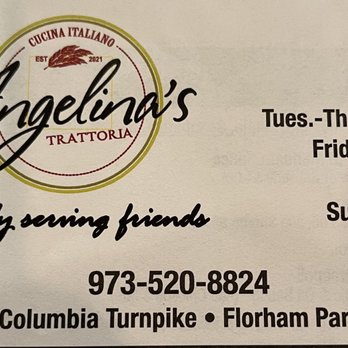 Angelina's Trattoria - Business Card with Hours - Italian Near Me - Florham Park, New Jersey