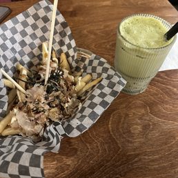 Japanese okonomiyaki fries and matcha milk tea with popping mango boba Japanese okonomiyaki fries and matcha milk tea with popping mango boba