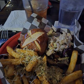 Windbag Saloon - Jameson BBQ brisket sandwich with garlic, parmasean cheese fries. - Burgers Near Me - Helena, Montana Windbag Saloon - Jameson BBQ brisket sandwich with garlic, parmasean cheese fries. - Burgers Near Me - Helena, Montana