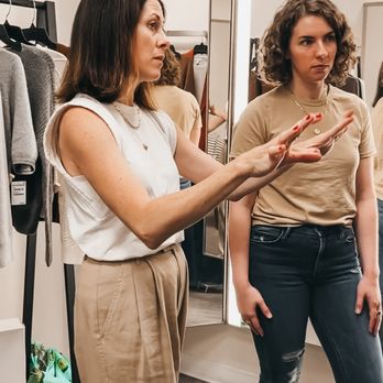 Art in the Find Styling - Personal Stylist, Conni Jespersen, is educating a client on proportions and silhouette during an in person shopping appointment in san diego - Personal Shopping Near Me Art in the Find Styling - Personal Stylist, Conni Jespersen, is educating a client on proportions and silhouette during an in person shopping appointment in san diego - Personal Shopping Near Me
