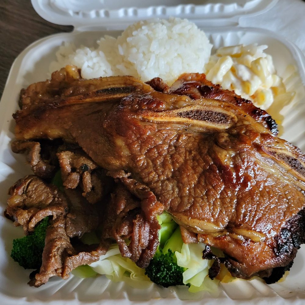 Ono Hawaiian BBQ - Hawaii BBQ Mix, $12.99: BBQ chicken, BBQ Beef, and kalbi ribs. - Barbeque Near Me - Tempe, Arizona Ono Hawaiian BBQ - Hawaii BBQ Mix, $12.99: BBQ chicken, BBQ Beef, and kalbi ribs. - Barbeque Near Me - Tempe, Arizona