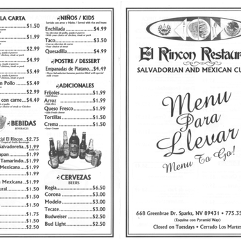 El Rincon Restaurant - Menu as of 04/02/16 - Salvadoran Near Me - Sparks, Nevada El Rincon Restaurant - Menu as of 04/02/16 - Salvadoran Near Me - Sparks, Nevada