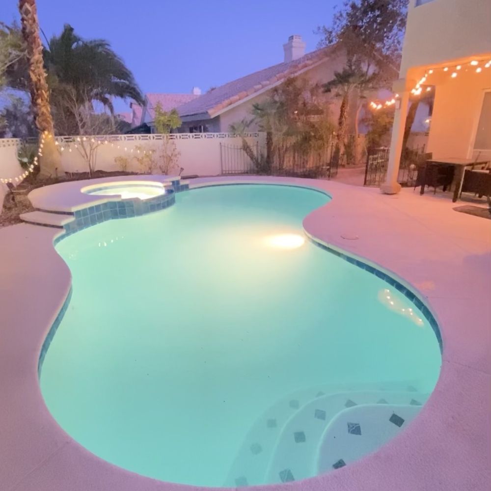 Pools R Us - My glowing pool at night. Special thank you to Chuck and Ben!!! - Pool & Hot Tub Service Near Me - Las Vegas, Nevada Pools R Us - My glowing pool at night. Special thank you to Chuck and Ben!!! - Pool & Hot Tub Service Near Me - Las Vegas, Nevada