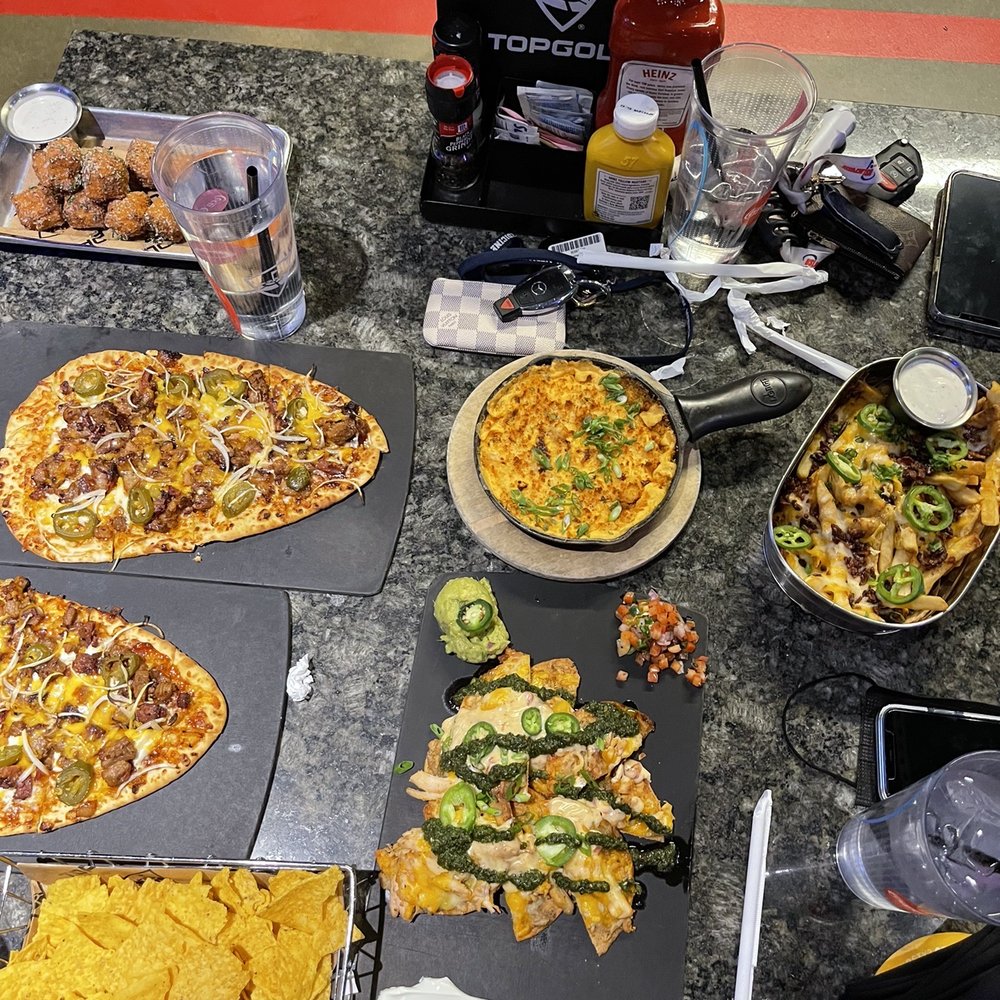 Topgolf - brisket flatbread, buffalo chicken dip, chicken nachos, macaroni bites, cheese fries - Golf Near Me - Ashburn, Virginia