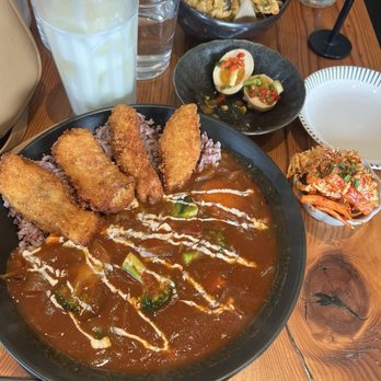 Made in House - Hearty Katsu Curry--cod fish with side of kimchi side Soy Cured Jammy Eggs - Asian Fusion Near Me - Seattle, Washington