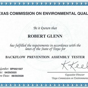 Safe, Clean and Green - Texas Commission on Environmental Quality Backflow Prevention Assembly Tester license - Irrigation Near Me - Millsap, Texas Safe, Clean and Green - Texas Commission on Environmental Quality Backflow Prevention Assembly Tester license - Irrigation Near Me - Millsap, Texas