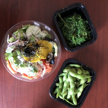 Poke Fish - Spicy Salmon Poke Salad Bowl, Edamame, Seaweed Salad - Poke Near Me - Ann Arbor, Michigan