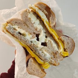 New York Bagel and Deli - Sausage, egg, and cream cheese bagel