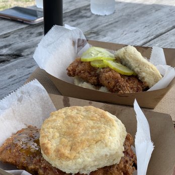 Pitchfork Barbecue - Fried chicken biscuit one with hot honey and one with maple mustard - Food Trucks Near Me - Pine Island, New York Pitchfork Barbecue - Fried chicken biscuit one with hot honey and one with maple mustard - Food Trucks Near Me - Pine Island, New York