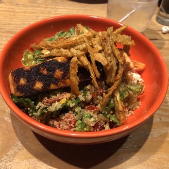 Doc B's Restaurant + Bar - Quinoa Salad with Blackened Salmon, Veggie Burger & Sweet Potato Fries - New American Near Me - Chicago, Illinois Doc B's Restaurant + Bar - Quinoa Salad with Blackened Salmon, Veggie Burger & Sweet Potato Fries - New American Near Me - Chicago, Illinois