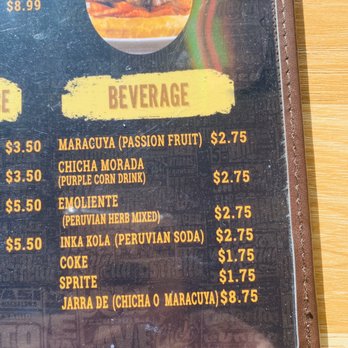 Peru Chicha Peruvian Restaurant - Drink menu. That emoliente was very good! Think the chicha was overpriced for one cup - Peruvian Near Me - Gardena, California