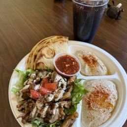 Hummus, pita, chicken pesto schwarma