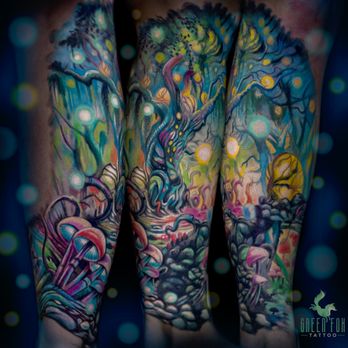 Green Fox Tattoo - Trippy forest leg tattoo sleeve - Tattoo Near Me - Omaha, Nebraska Green Fox Tattoo - Trippy forest leg tattoo sleeve - Tattoo Near Me - Omaha, Nebraska