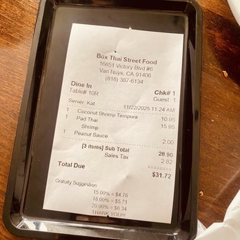 Box Thai Street Food - Receipt - Thai Near Me - Van Nuys, California Box Thai Street Food - Receipt - Thai Near Me - Van Nuys, California