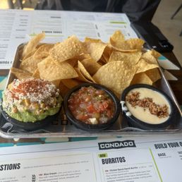 3 dips Garden salsa Chorizo queso Corn guacamole