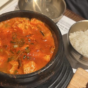 Myung Dong Noodle - Combo Seafood soft tofu spicy soup with rice and grilled pork with cabbage thousand island dressing - Noodles Near Me - Flushing, New York