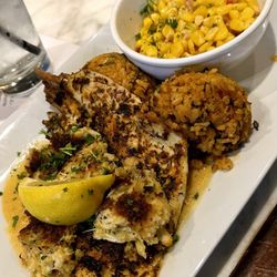Harry's Seafood Bar and Grille - Crab Crusted Redfish Royale -  Corn Maque Choux, Nola Rice