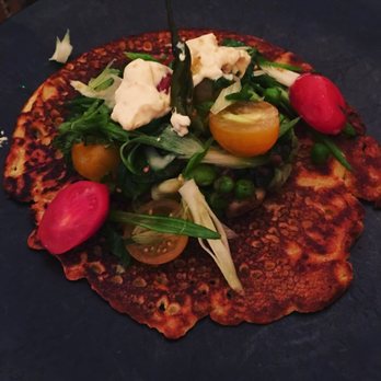 NOPI - Chickpea pancake, spiced peas, tomato, pickled chilli, yuzu. - Mediterranean Near Me - London, XGL NOPI - Chickpea pancake, spiced peas, tomato, pickled chilli, yuzu. - Mediterranean Near Me - London, XGL