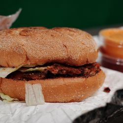Community Week at Fatboy's Vegan Burgers - Hajji with beyond meat (nacy sauce top, wu sauce bottom (from nuggets))