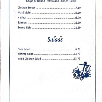 The Lighthouse - Menu P2/4 - Jan 2023 - A menu displays grilled seafood dishes such as chicken breast, mahi mahi, halibut, salmon, and swordfish, along with salads including side salad, shrimp salad, and fried chicken salad. The menu is decorated with nautical-themed illustrations, including a seagull at the top, an anchor with a rope and a fish at the bottom, and a bird in flight. It is printed on white paper with blue text and borders. - Seafood Near Me - Redding, California