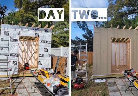 Modern sheds built on site. - -Modern sheds built on site.
-No need to take your fence down.
-You choose the door size, # of windows, color and other details.
-We don't cut costs on materials like big brands.

-We use 4x4 pressure treated skids for foundation
-Pressure treated foundation 2x6s
-2x4 (16"on center) for walls
-2x6 roof rafters
-LP smart siding