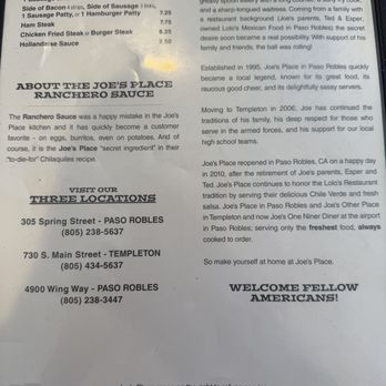 Joe's Other Place - Menu - Mexican Near Me - Templeton, California Joe's Other Place - Menu - Mexican Near Me - Templeton, California