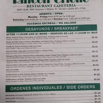 Rincon Criollo Restaurant - Paper menu, page 1 - Cuban Near Me - Miami, Florida