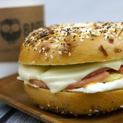 Wholy Bagel - Porkroll, Egg and Cheese with Katz Coffee.