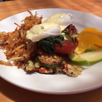 Shorehouse Kitchen - Roasted Roma tomato and quinoa cake Benedict for $12 - Coffee & Tea Near Me - La Jolla, California