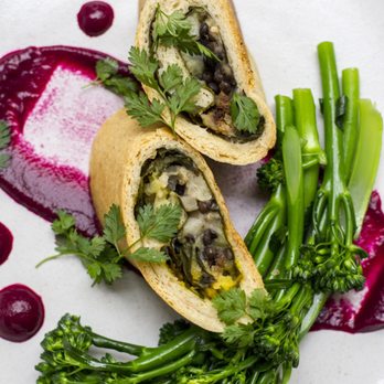Fancy Plants Catering - Smoked Lentil and Celery Root Roulade with Cabernet-Beet Sauce and Broccolini - Caterers Near Me - Chicago, Illinois