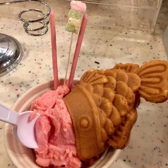 Sugar Koi - Raspberry sorbet with fish cone, strawberry Pocky sticks, and mini-mochi - Ice Cream & Frozen Yogurt Near Me - Cary, North Carolina Sugar Koi - Raspberry sorbet with fish cone, strawberry Pocky sticks, and mini-mochi - Ice Cream & Frozen Yogurt Near Me - Cary, North Carolina