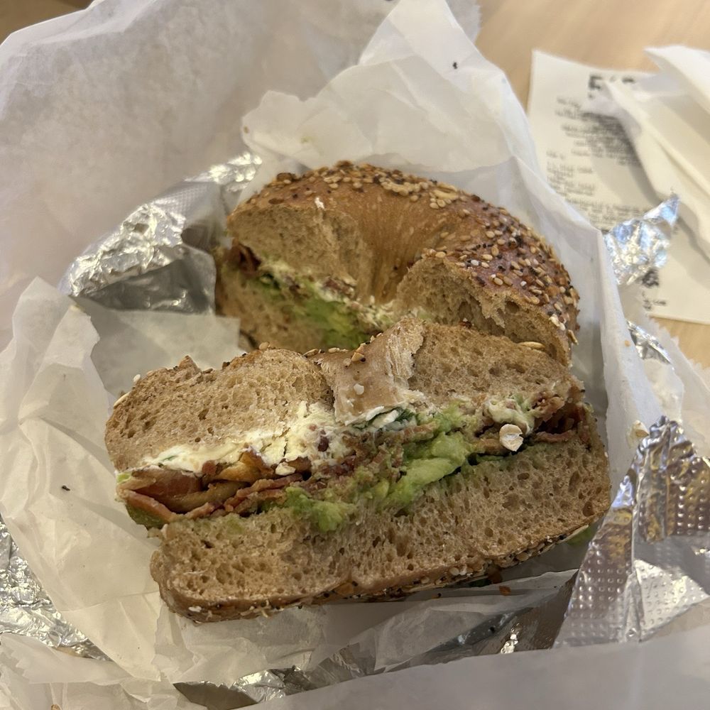 Pick A Bagel - Whole Wheat Everything with Scallion Cream Cheese, bacon, and avocado - Bagels Near Me - New York, New York Pick A Bagel - Whole Wheat Everything with Scallion Cream Cheese, bacon, and avocado - Bagels Near Me - New York, New York