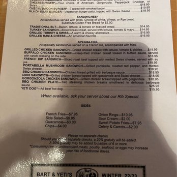 Bart & Yeti's - Menu as of Feb 2023 - Dive Bars Near Me - Vail, Colorado