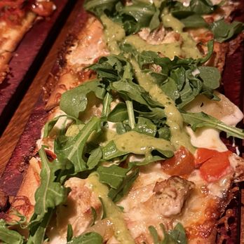 Seasons 52 - Pesto Chicken And Fresh Mozzarella flatbread with gf crust - New American Near Me - Edison, New Jersey Seasons 52 - Pesto Chicken And Fresh Mozzarella flatbread with gf crust - New American Near Me - Edison, New Jersey