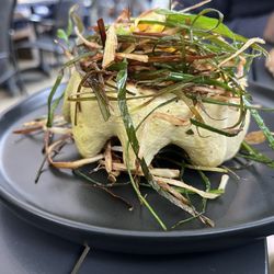 Osprey - How we should all cook our squash! Pattypan roasted & filled with/ strong & herby cheese. Topped with/ frizzled baby leeks